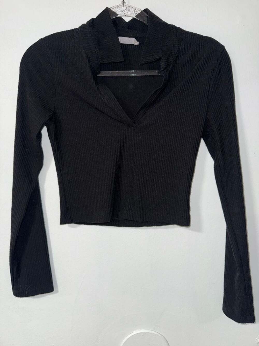 Altar'd State Black Ribbed Collared Cropped Long Sleeve Top